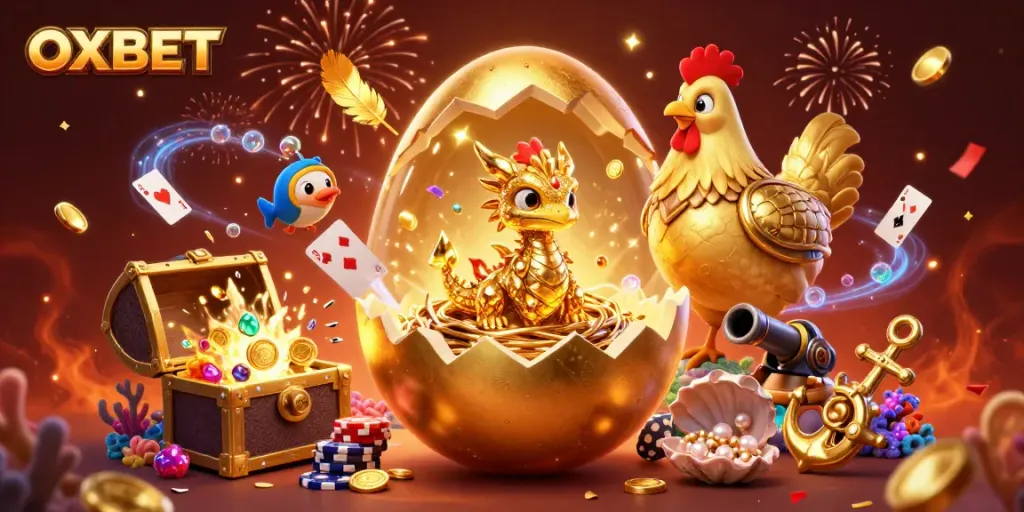 Experience OXBET's thrilling casino adventure with a golden dragon revealing poker chips.