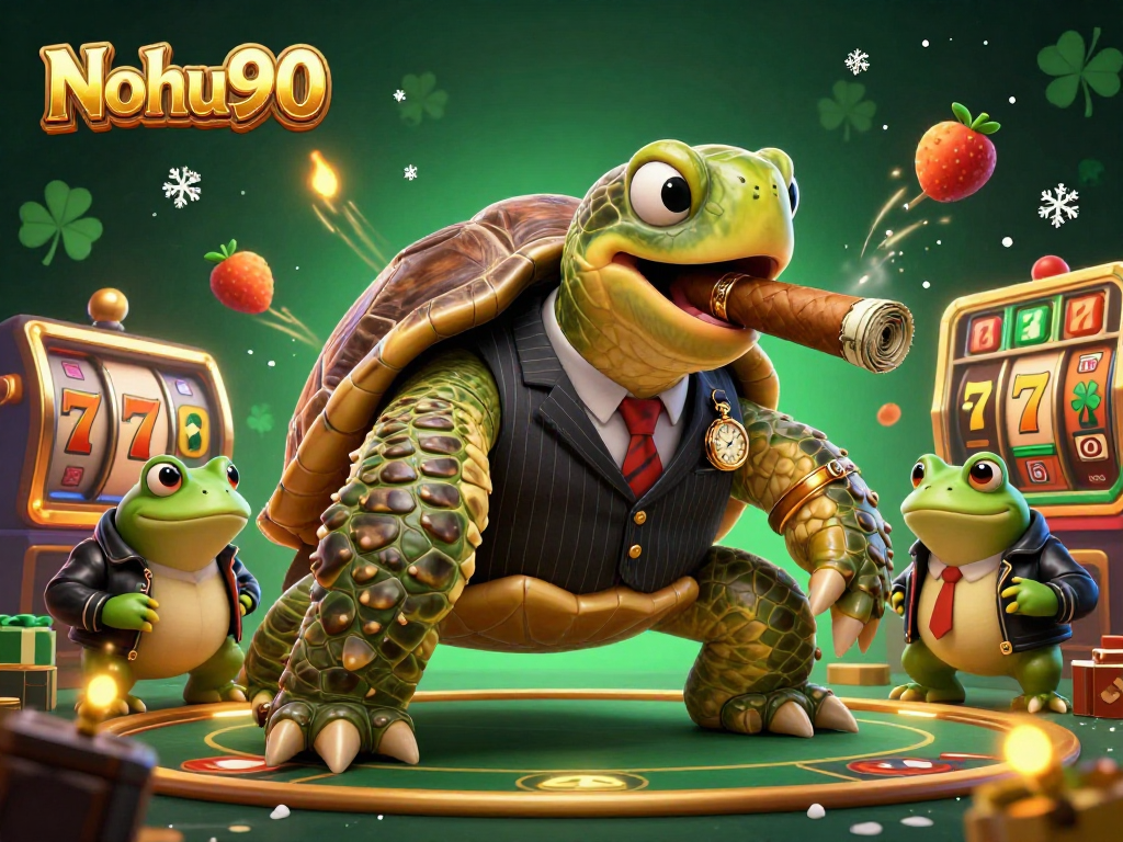 Nohu90 showcases a vibrant 3D turtle mobster in a casino scene, featuring dynamic slot reels and colorful fruit symbols.