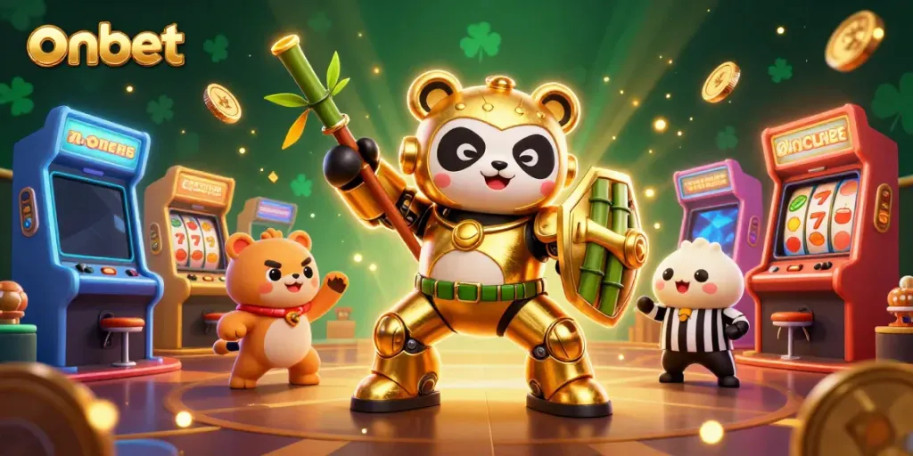 Experience thrilling gameplay with onbet featuring a golden panda pilot in an exciting casino arena.