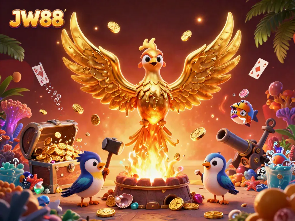 Experience thrilling wins at JW88 with this vibrant 3D scene packed with casino elements and a golden phoenix.