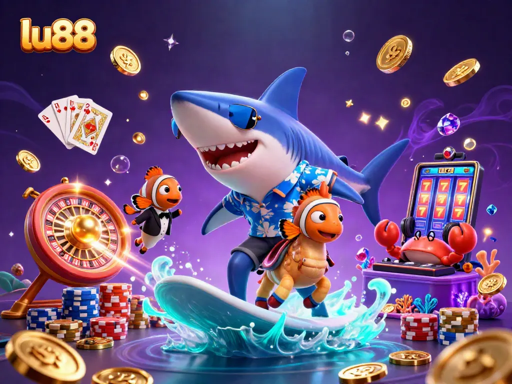 Surf thrilling slots with lu88 amidst gold coins and vibrant underwater elements.