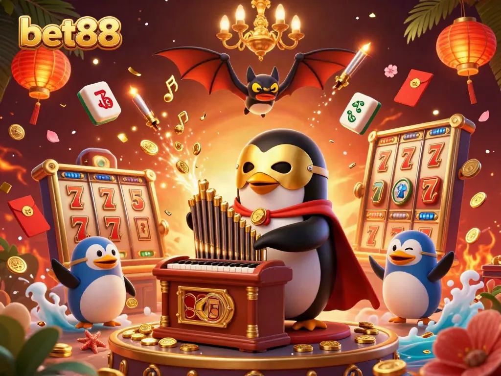 Experience thrilling moments at bet88 with a colorful 3D casino scene showcasing games, gold coins, and vibrant characters.