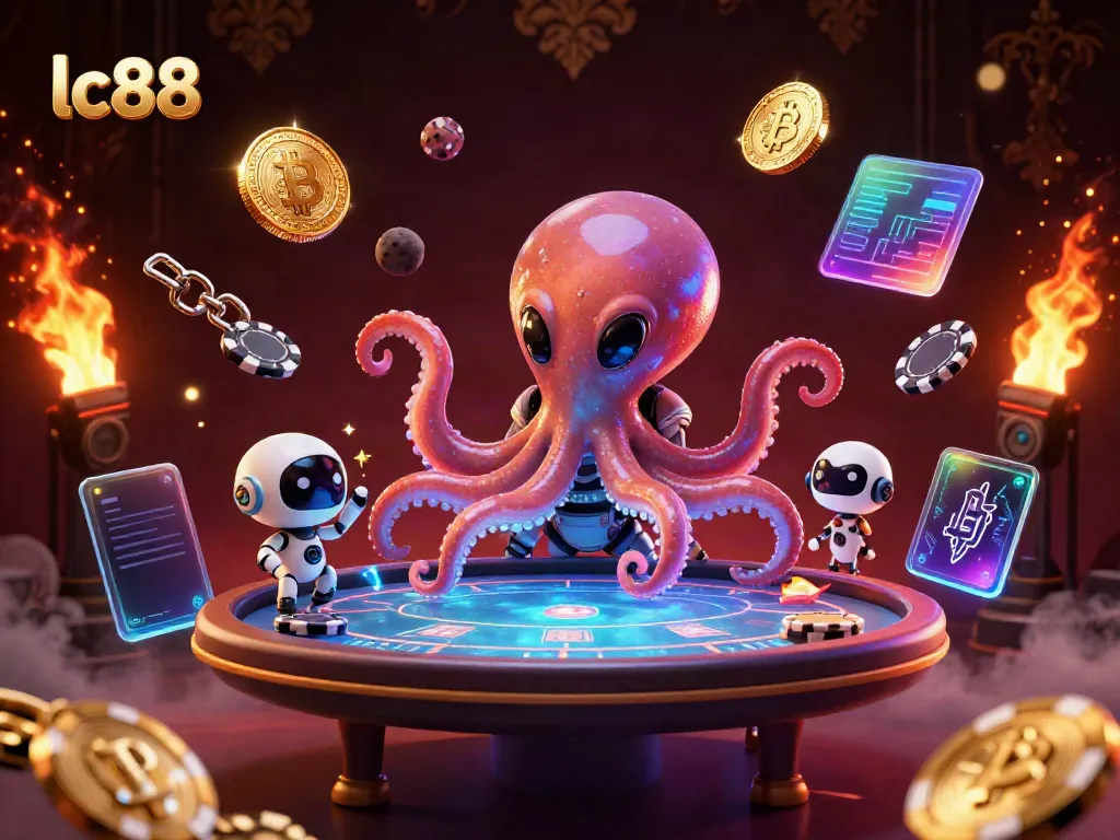 Play exciting casino games with lc88's vibrant alien illustration featuring a poker table and crypto elements.