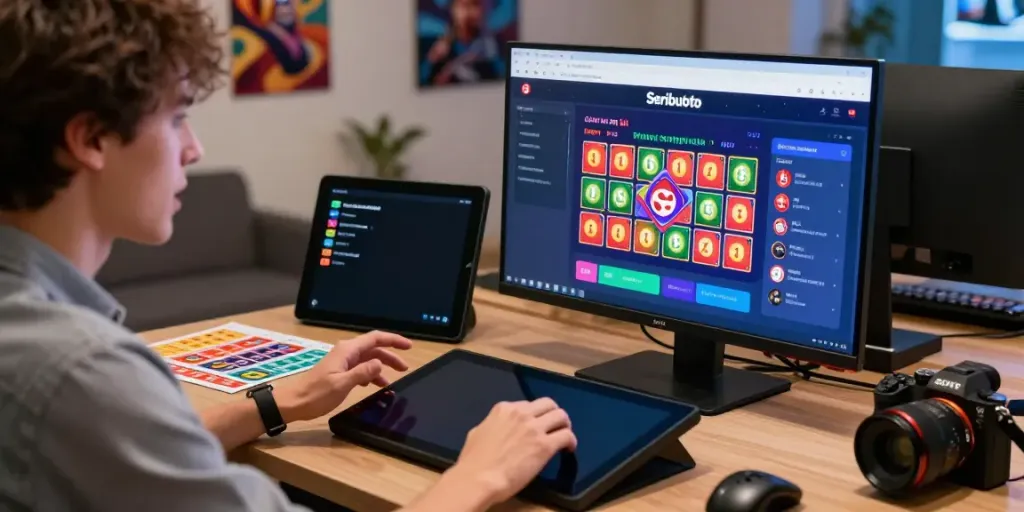 Engaged user playing on Seributoto platform with lottery tickets and gaming gear.