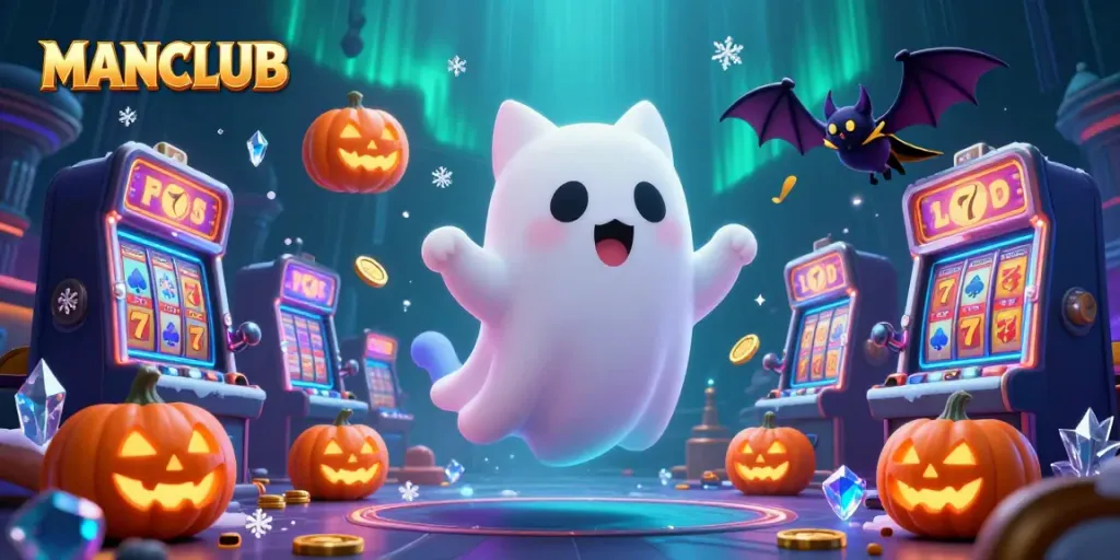 Explore the MANCLUB haunted casino scene with themed characters and vibrant slot elements.