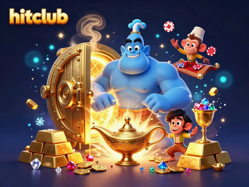 Experience the thrill of hitclub with a vibrant genie and magical casino elements.