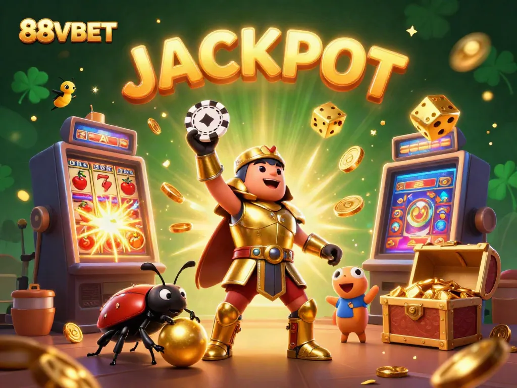 Experience the excitement of 88VBET with our energetic jackpot celebration featuring cartoon characters and casino elements.