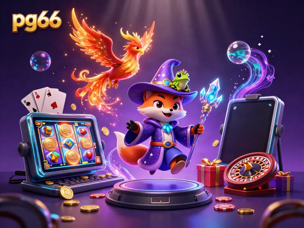 Experience the thrill of pg66 with a magical wizard fox and phoenix in a vibrant casino-themed illustration.