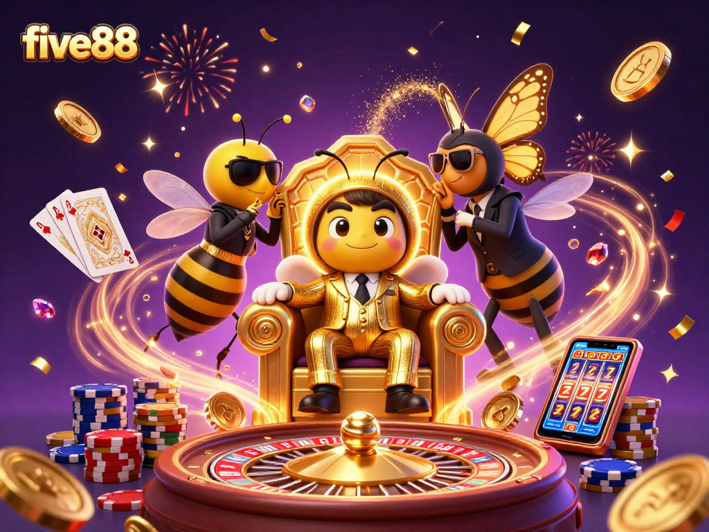 Experience excitement with five88 in this vibrant 3D casino scene featuring lively characters and game elements