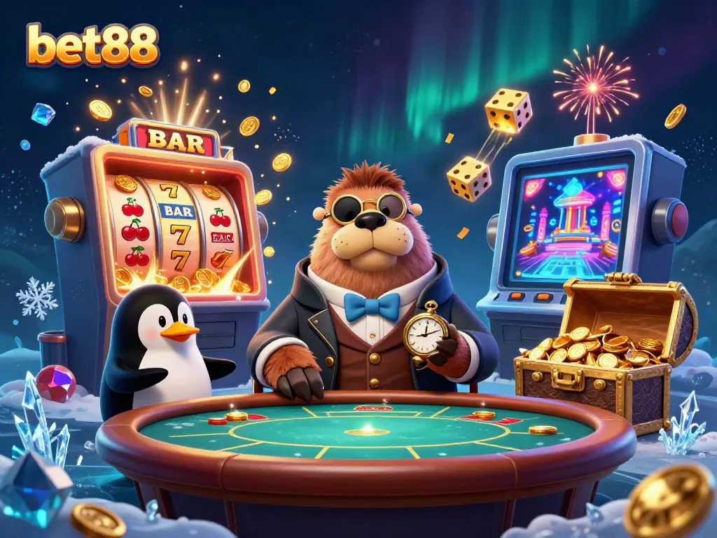 Experience thrilling games at bet88 with a jolly walrus in an underwater poker game surrounded by vibrant jackpots and stellar visuals.