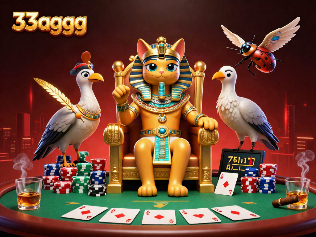 Engage with thrilling poker action at 33aggg featuring a royal cat and vibrant casino elements.