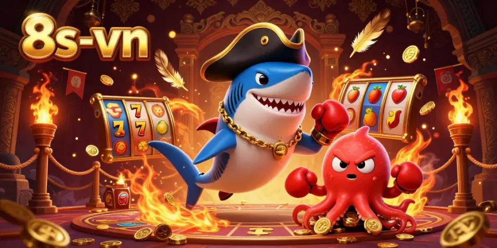 Engage in thrilling gameplay at 8s-vn with a vibrant illustration featuring a charismatic pirate shark, a boxing pufferfish, and a treasure-holding octopus.