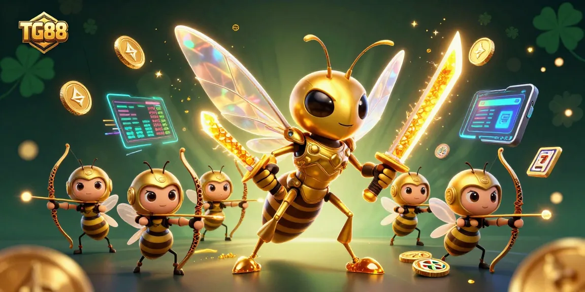 Engage with TG88's vibrant casino atmosphere filled with dynamic gaming elements and a golden hornet hero.