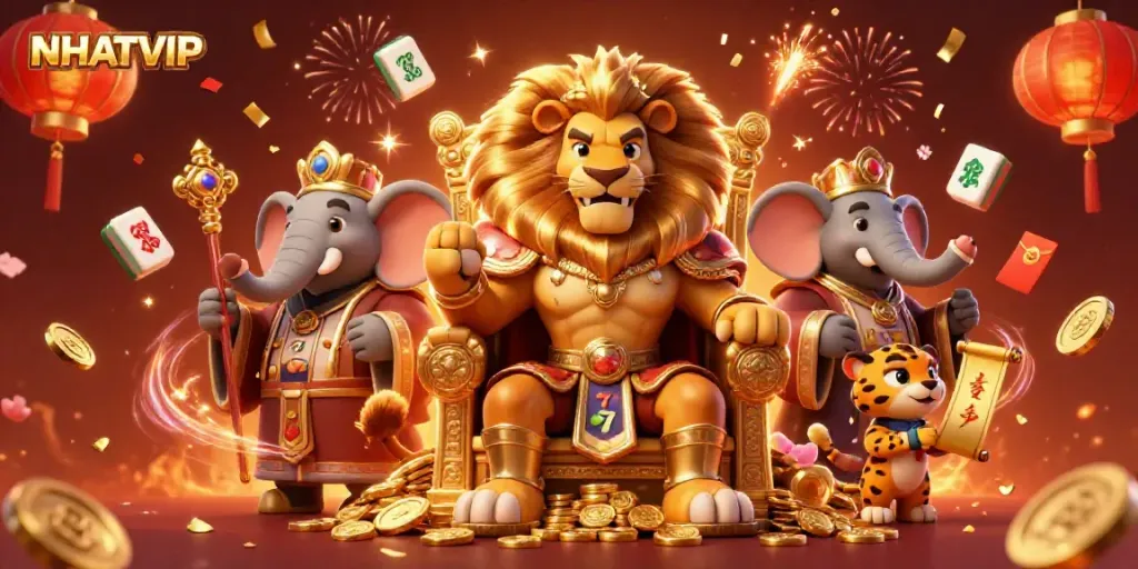 Experience thrilling gameplay with NHATVIP's lively casino scene featuring a royal lion, wise elephant, and swift cheetah.