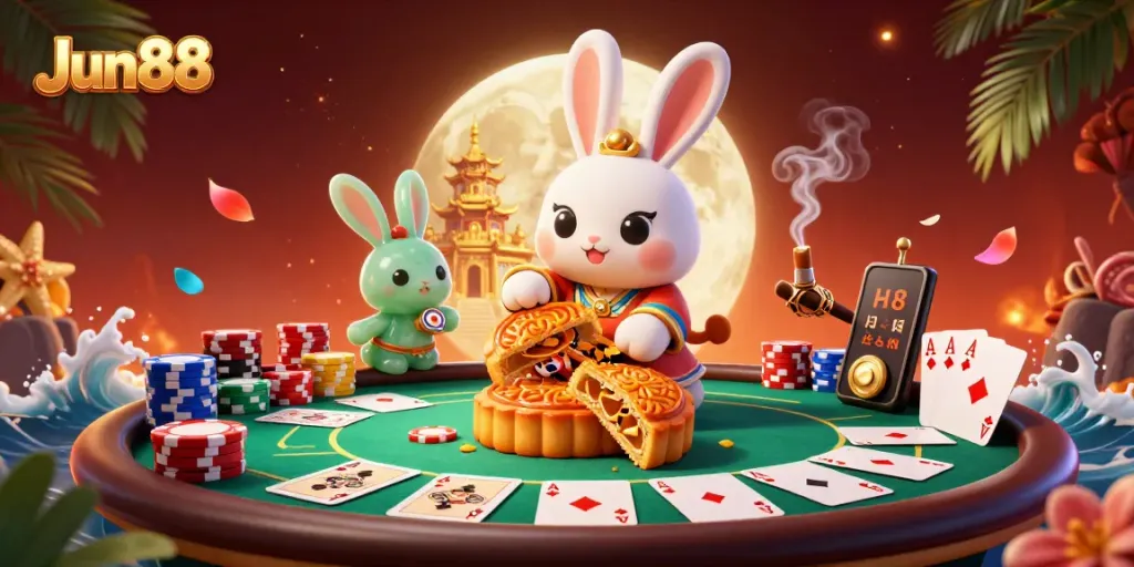 Jun88 showcases a vibrant digital casino scene with a moon rabbit and poker chips.