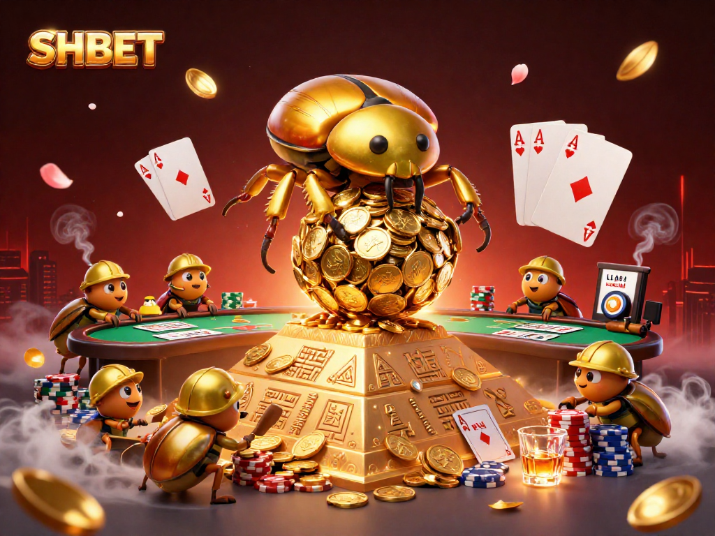 Experience SHBET's lively casino adventure with golden beetles and vibrant poker scenes.