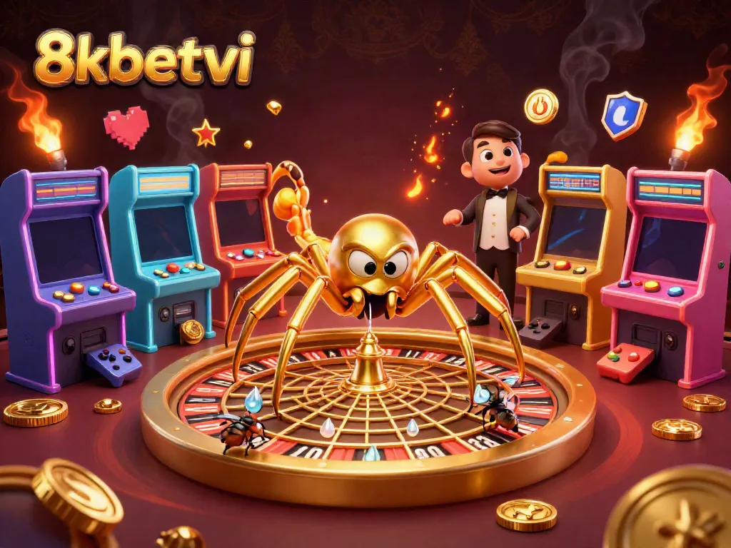 Experience thrilling bets with 8xbetvi at a vibrant casino detail featuring engaging characters amidst playful gaming machines.