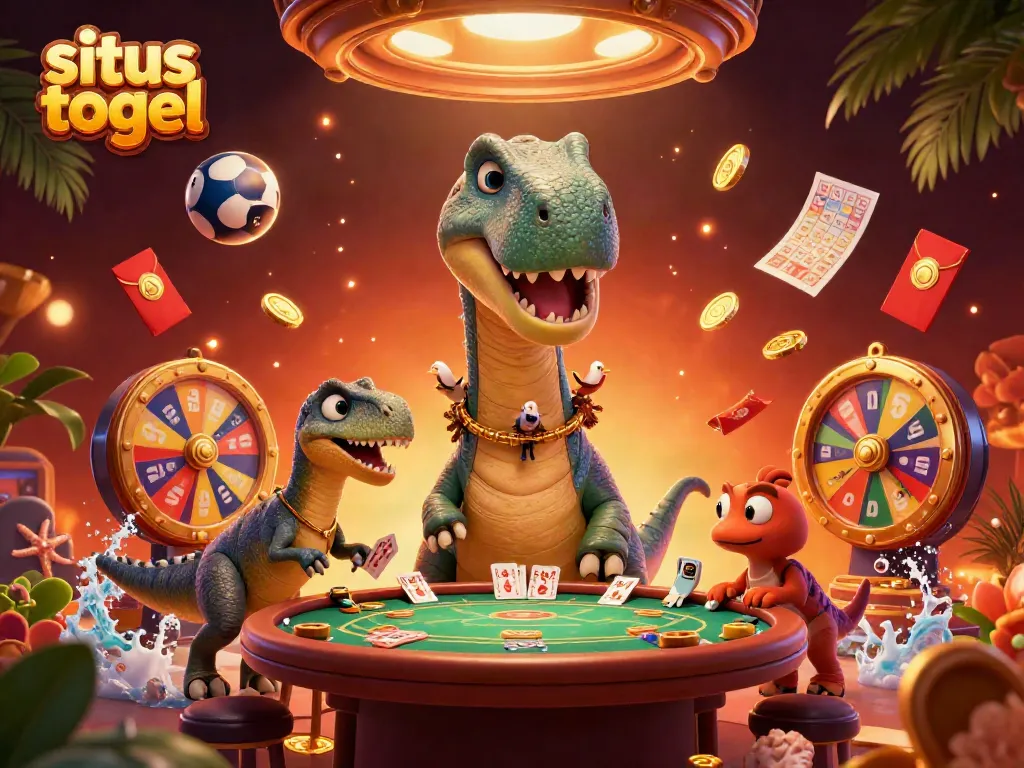 Gambarkan situs togel dengan dinosaur besar dan elemen permainan berwarna cerah yang menunjukkan keseruan permainan.