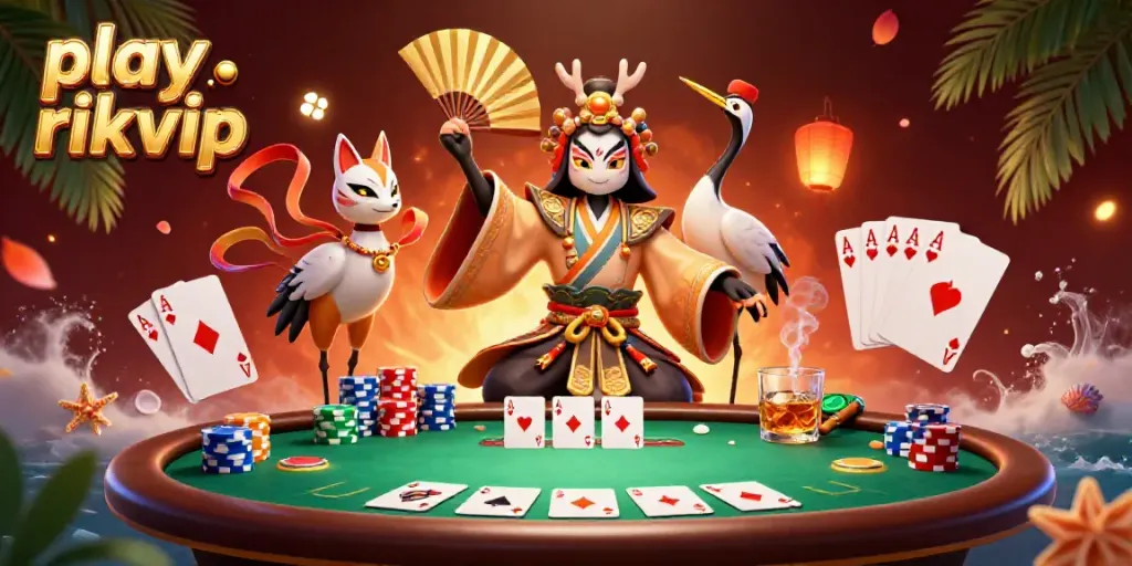 Experience the thrill of play rikvip at a vibrant online casino with colorful poker elements and dynamic characters.