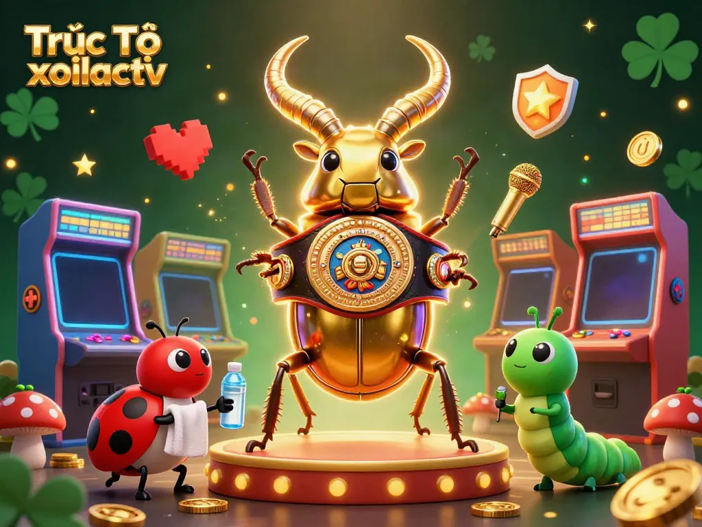 Experience thrilling moments with Trực Tiếp xoilactv, where the iconic golden stag beetle battles in a vibrant gaming scene.