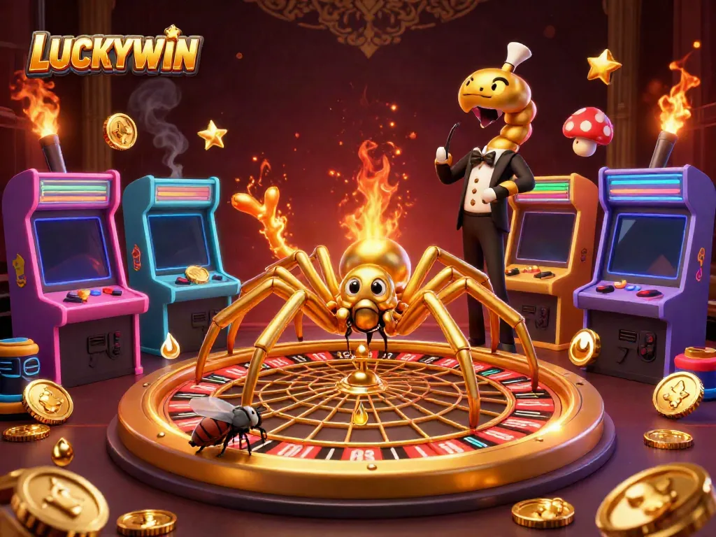 Engage with LUCKYWIN's thrilling casino scene, featuring a golden spider and animated game elements.