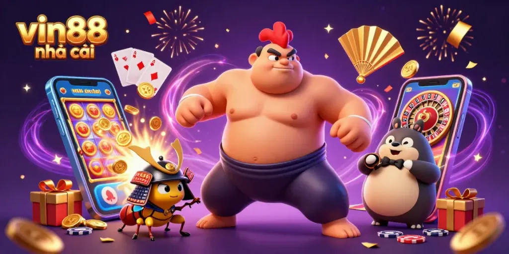 Experience excitement at vin88 nhà cái with a dynamic scene featuring gambling characters and vibrant casino elements.