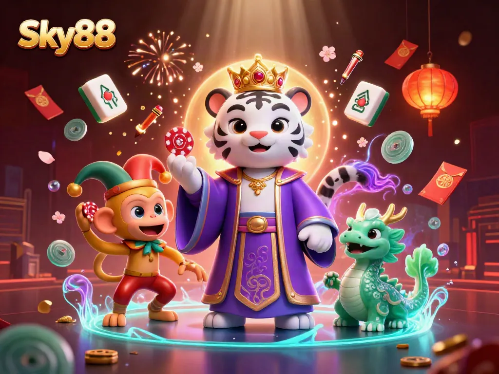 Experience the vibrant Sky88 casino scene with a royal tiger and playful monkey surrounded by gaming elements.