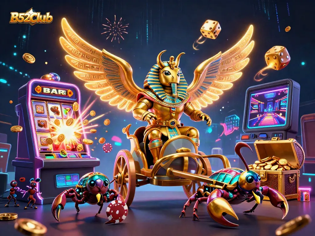 Experience the excitement of B52Club with golden beetles and dynamic gaming elements bursting with action.