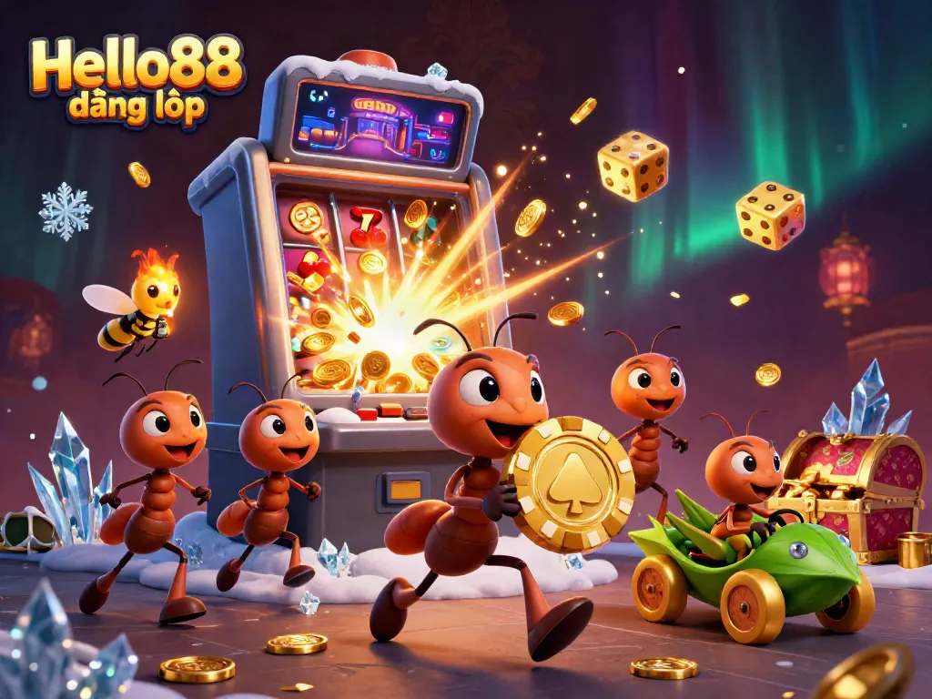 Engage with Hello88 đăng nhập as a team of cartoon ants carries a golden poker chip amid a casino scene.