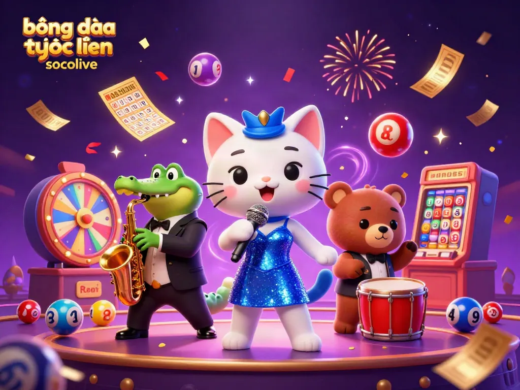 Experience bóng đá trực tuyến socolive as a jazzy cat performs live on stage amidst vibrant gambling elements.