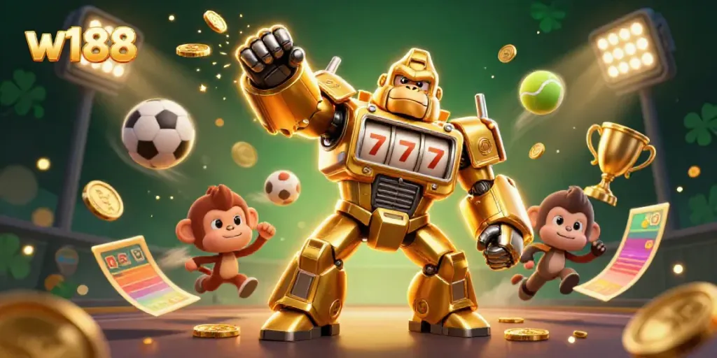 Experience the thrill of w188 with a golden gorilla mech celebrating winning moments in an exciting casino atmosphere.