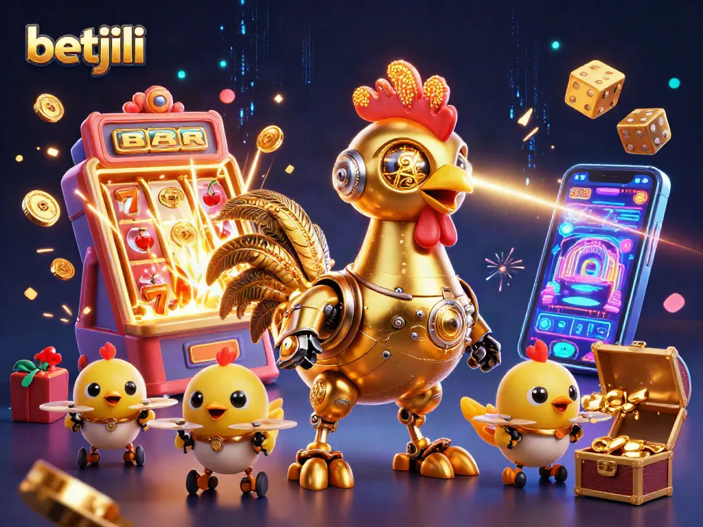 Betjili casino scene features a golden rooster robot and baby chick drones in dynamic celebration.