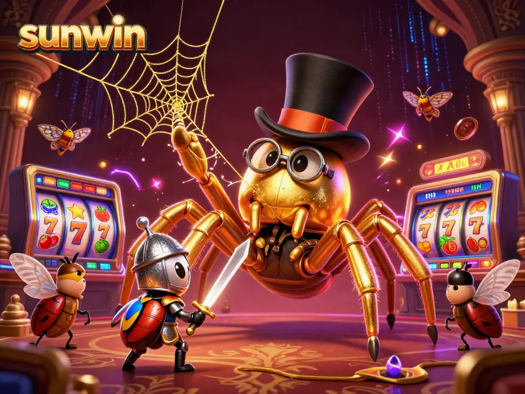Experience the excitement of sunwin with a golden tarantula and beetle knight in a vibrant casino setting.