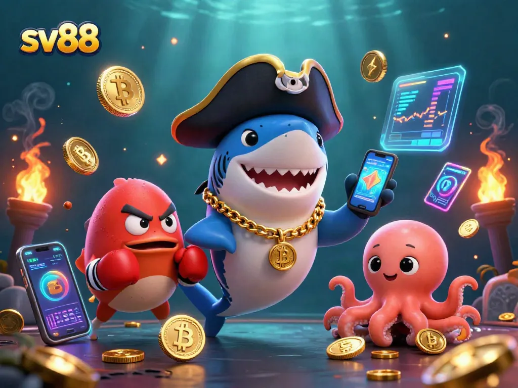 Players win with sv88 as a pirate shark, pufferfish, and octopus celebrate in a vibrant casino scene.