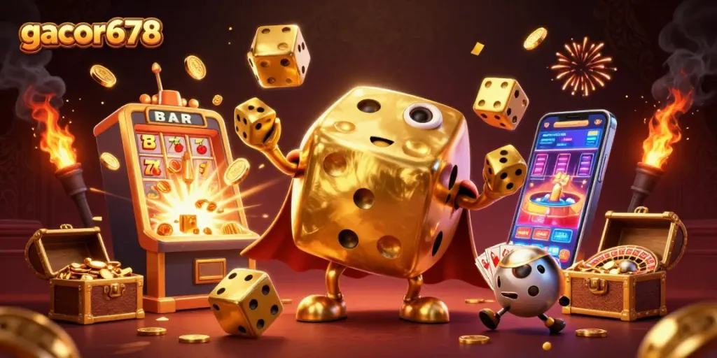 Experience the excitement of gacor678 with a dynamic casino scene featuring golden dice and slots!