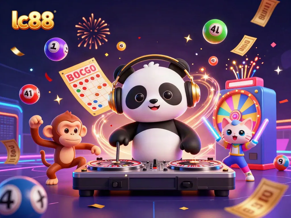 Engaging lc88 casino scene featuring DJ panda, breakdancing monkey, and glow-stick kitten with lottery elements.