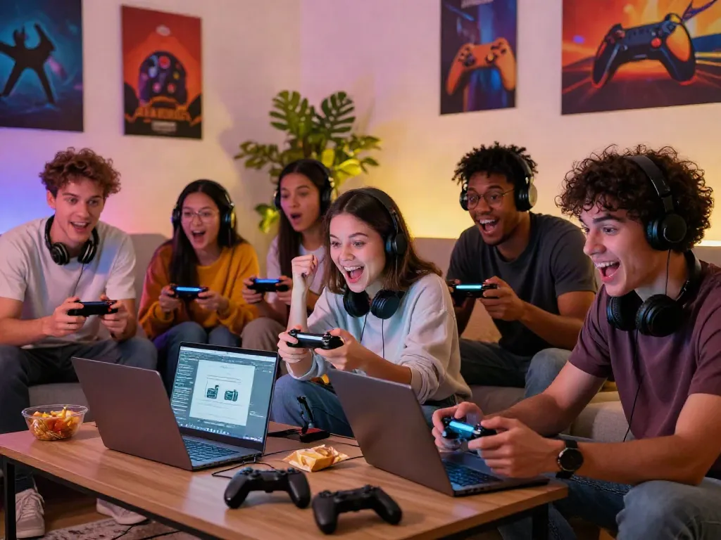 Friends enjoying an online gaming session at home enhancing their experience at https://hitclubt3.com/ with joy and excitement.