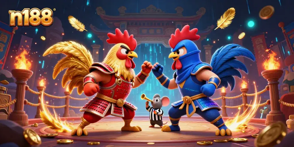 N188 offers thrilling battles between rooster characters in a dynamic 3D gambling scene.