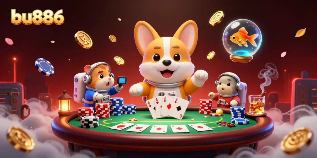 Experience the thrilling excitement of bu886 as a cartoon corgi navigates a zero gravity casino environment.