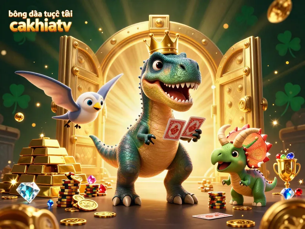 Celebrate bóng đá trực tuyến cakhiatv with a charming T-Rex dealing cards, surrounded by treasures and joyful gambling elements.