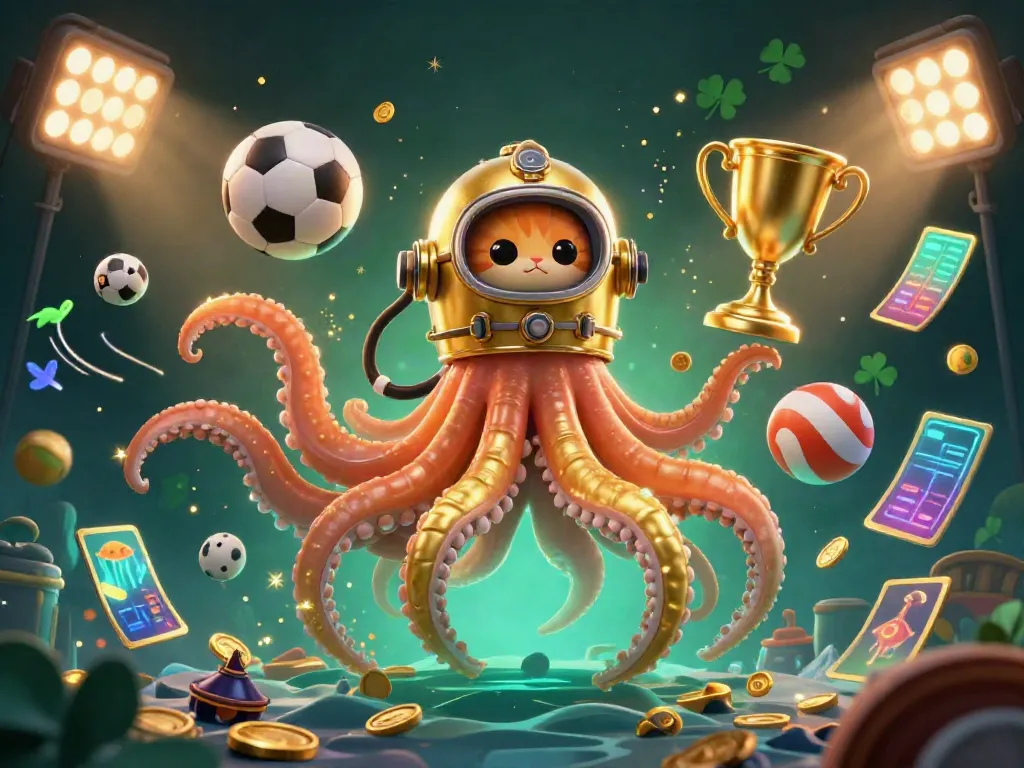Engage in thrilling b52 casino adventures with a kraken, diving cat, and fish amidst sports elements.