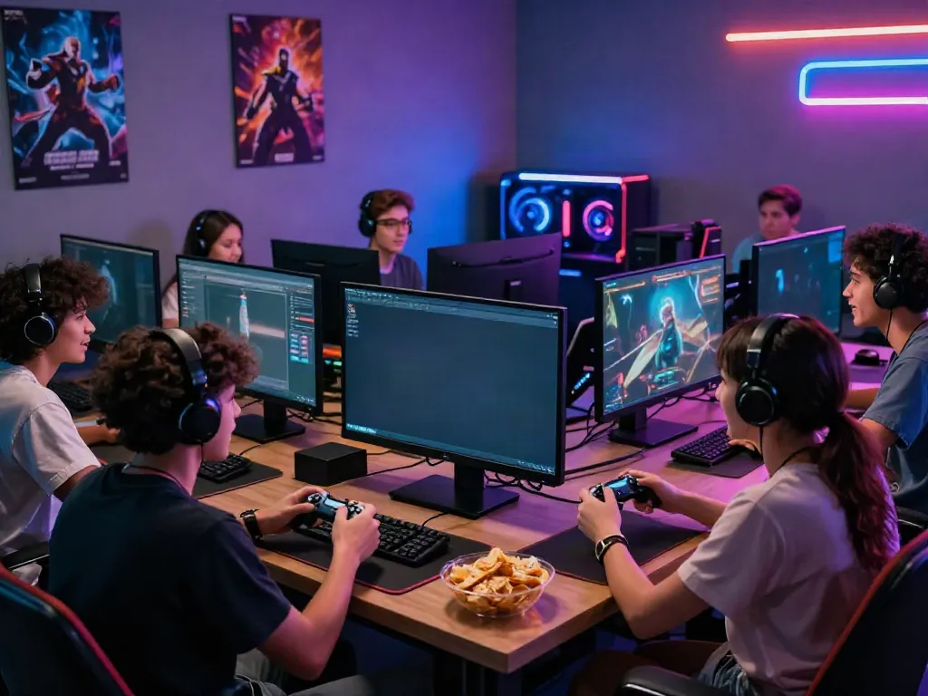 Exciting gaming scene with friends enjoying kilat404 in a vibrant lounge.