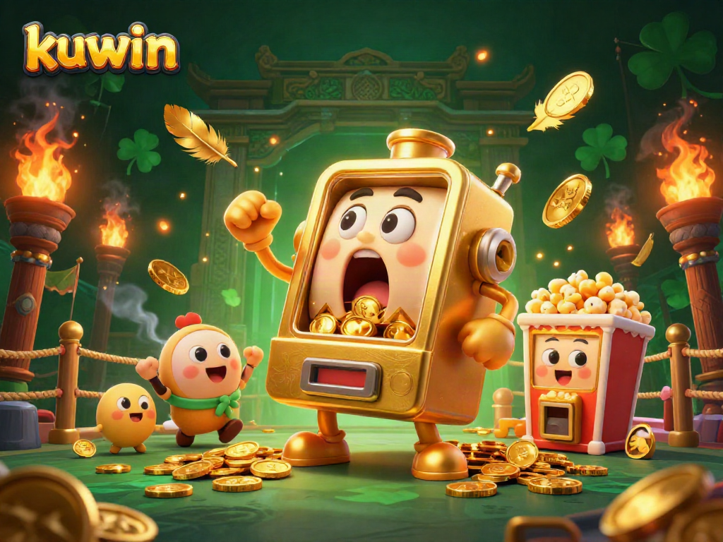 Experience kuwin's thrilling jackpot with a lively scene of cartoon slot machines winning gold!