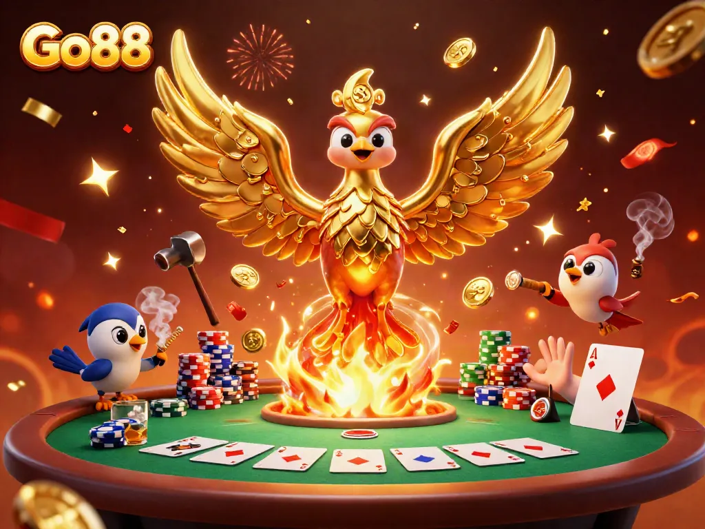 Experience the thrill of Go88 as molten gold transforms into coins amidst vibrant casino elements.