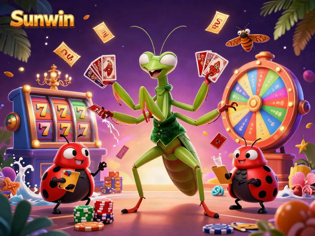 Sunwin gameplay scene featuring a giant praying mantis dealer surrounded by vivid slot game elements and a ladybug pit boss.