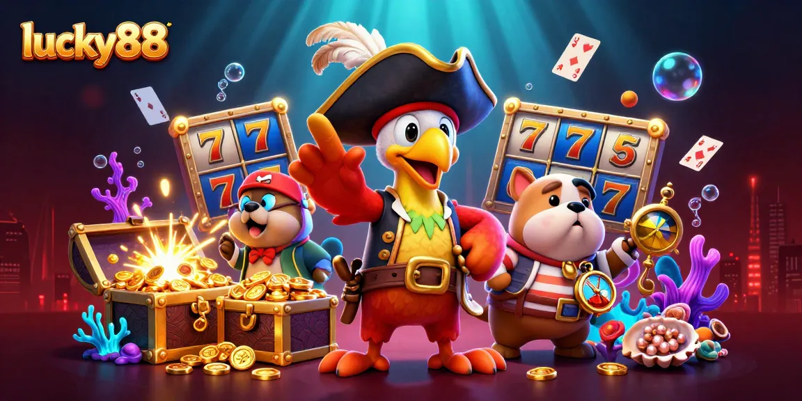 Spin the reels and discover treasure with lucky88's vibrant casino scene featuring playful characters.