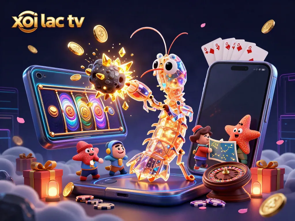 Xoi lac tv offers an exciting view of a vibrant 3D slot gaming scene with galactic samurai and golden coins.