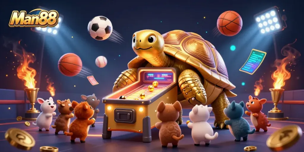Engage with the thrilling Man88 sports betting experience featuring golden elements and lively characters.