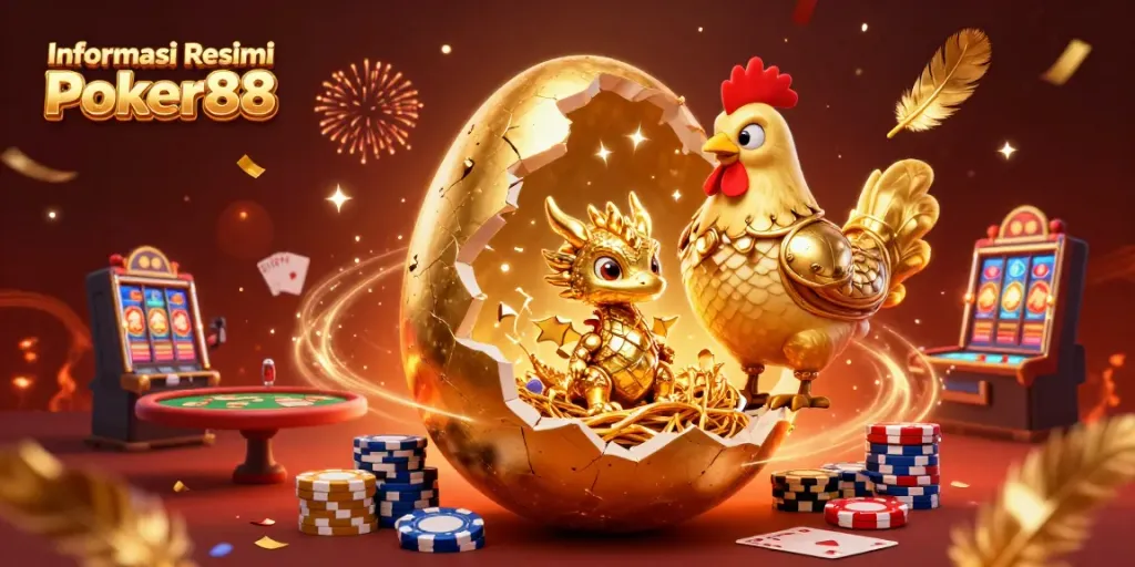 Experience Informasi Resmi Poker88 with a grand illustration featuring a golden dragon amidst poker chips and gaming elements.