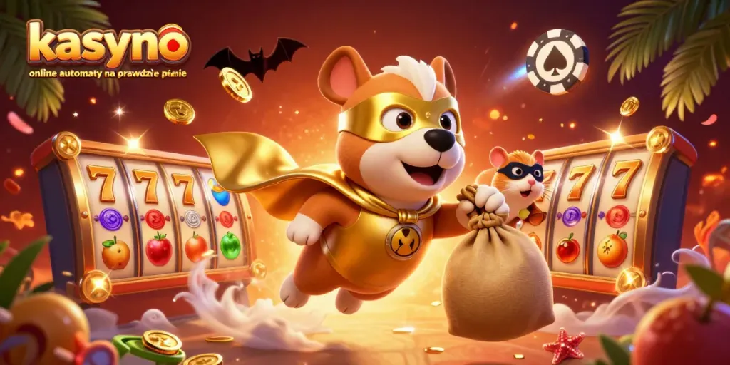 A colorful 3D casino scene depicting a superhero dog flying with gold coins, embodying kasyno online automaty na prawdziwe pieniądze excitement, surrounded by dynamic slot reels and vibrant symbols.